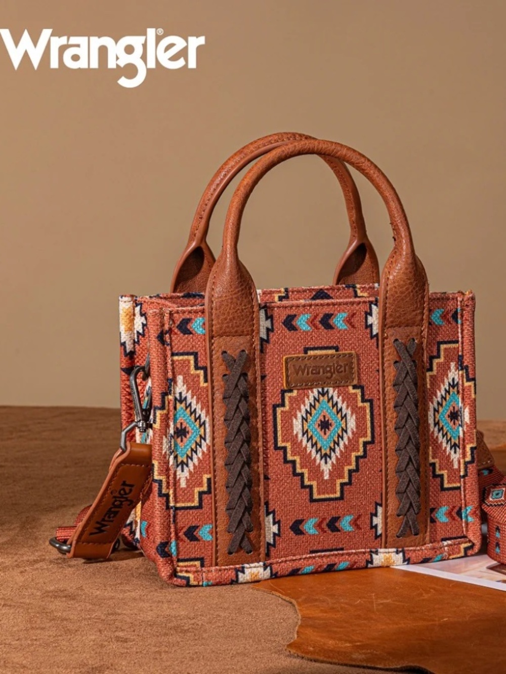 Wrangler Aztec Print Braided Detail Tote Bag Brown